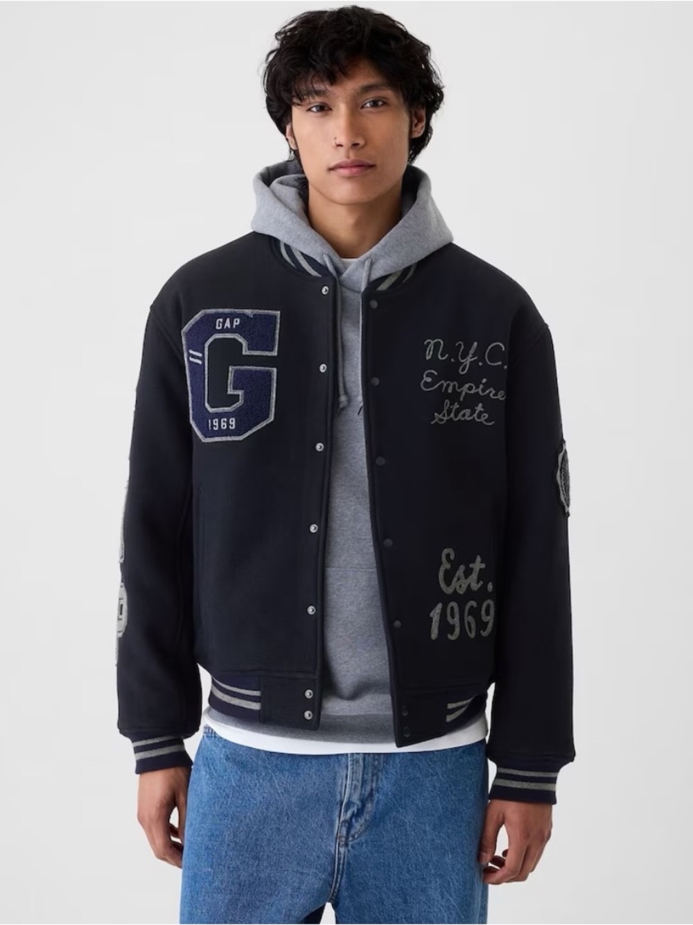 GAP 3XL Navy Blue Wool Blend Logo Varsity Bomber Jacket Relaxed Fit Collegiate